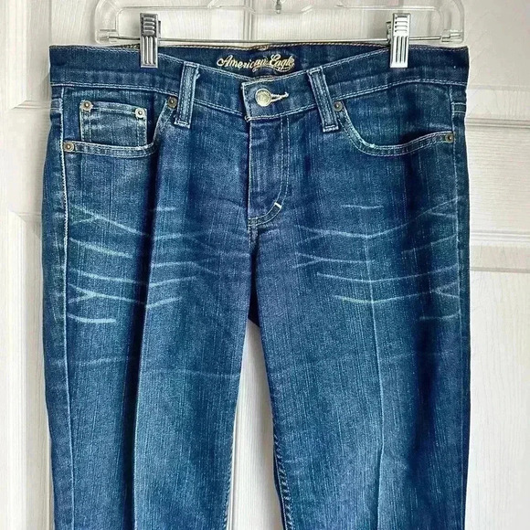 Vintage American Eagle Stretch Skinny Flare Size 4 Blue Denim Raw Hem - Picture 7 of 8